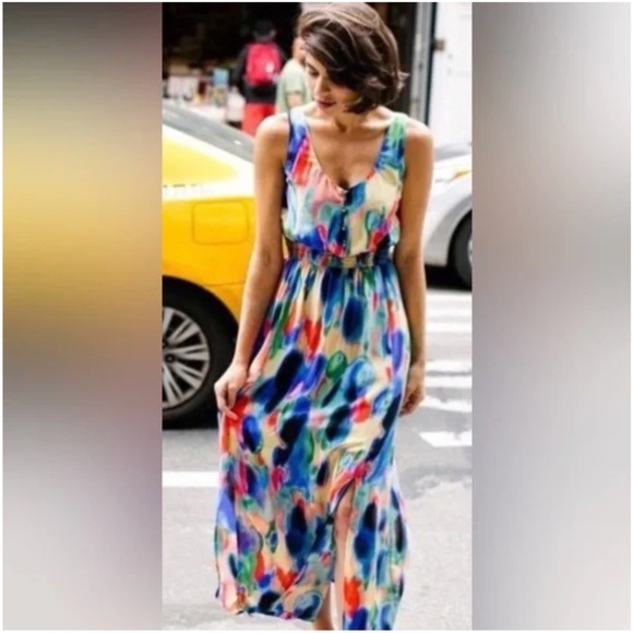 Anthropologie Maeve Aloisia Dress Silk Watercolor Maxi Length Front Slits Sz 8 - Picture 2 of 16